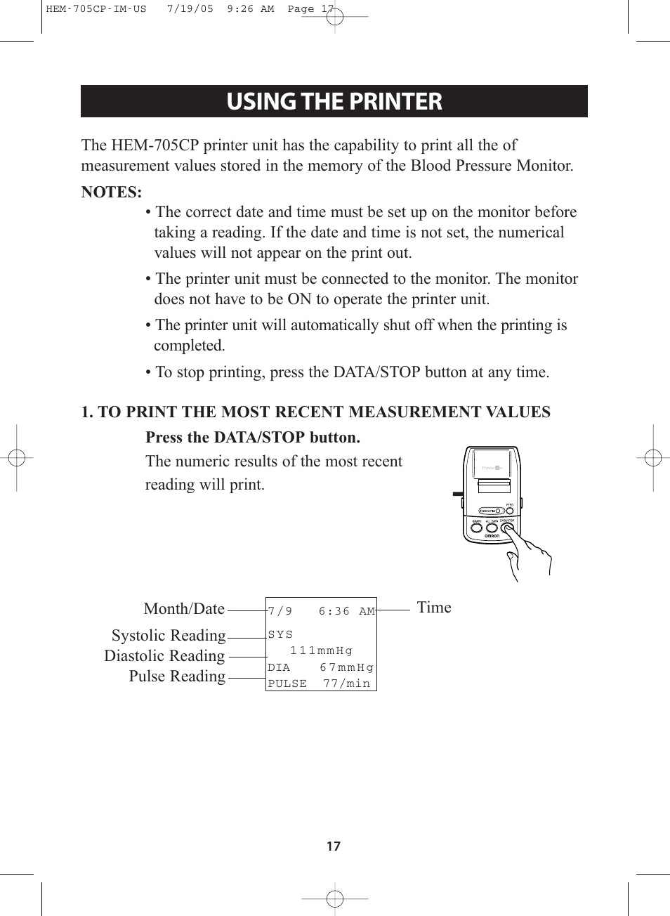 Title, Title using the printer | Omron Healthcare INTELLISENSE HEM-705CP User Manual | Page 17 / 28
