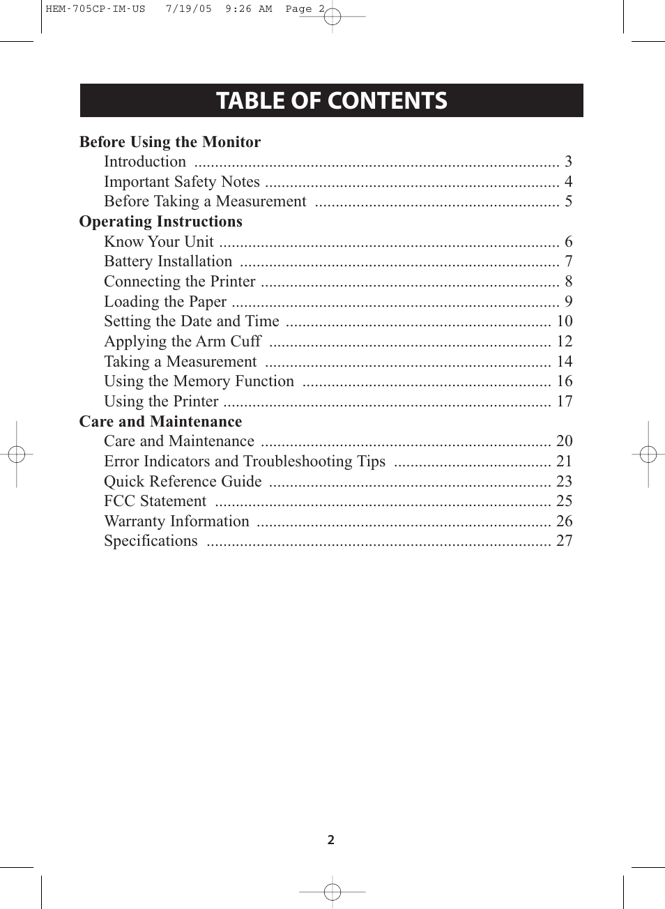 Title, Title table of contents | Omron Healthcare INTELLISENSE HEM-705CP User Manual | Page 2 / 28