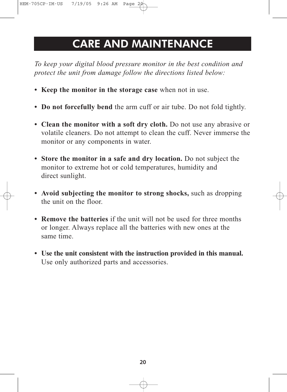 Title, Title care and maintenance | Omron Healthcare INTELLISENSE HEM-705CP User Manual | Page 20 / 28