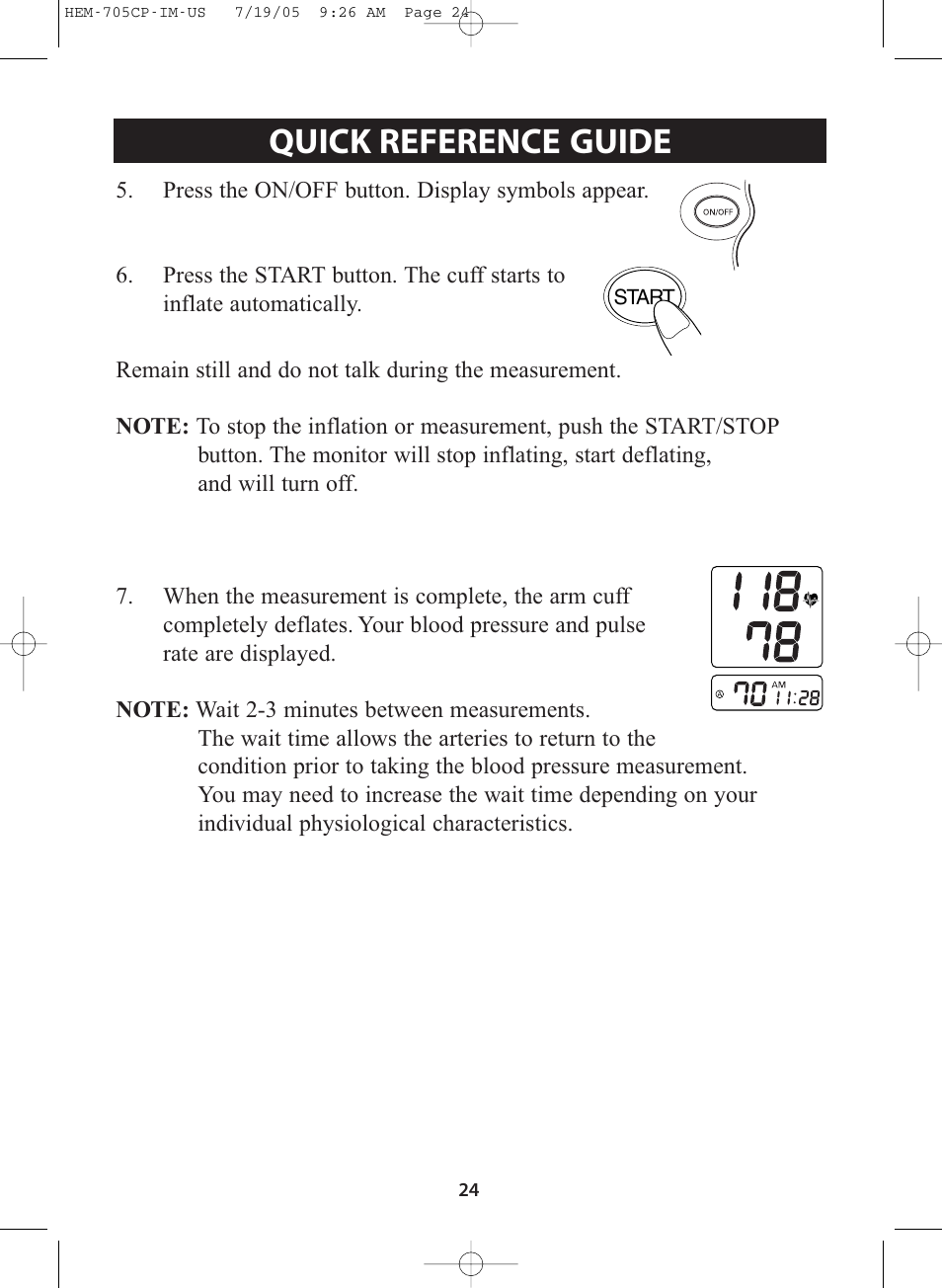 Quick reference guide | Omron Healthcare INTELLISENSE HEM-705CP User Manual | Page 24 / 28