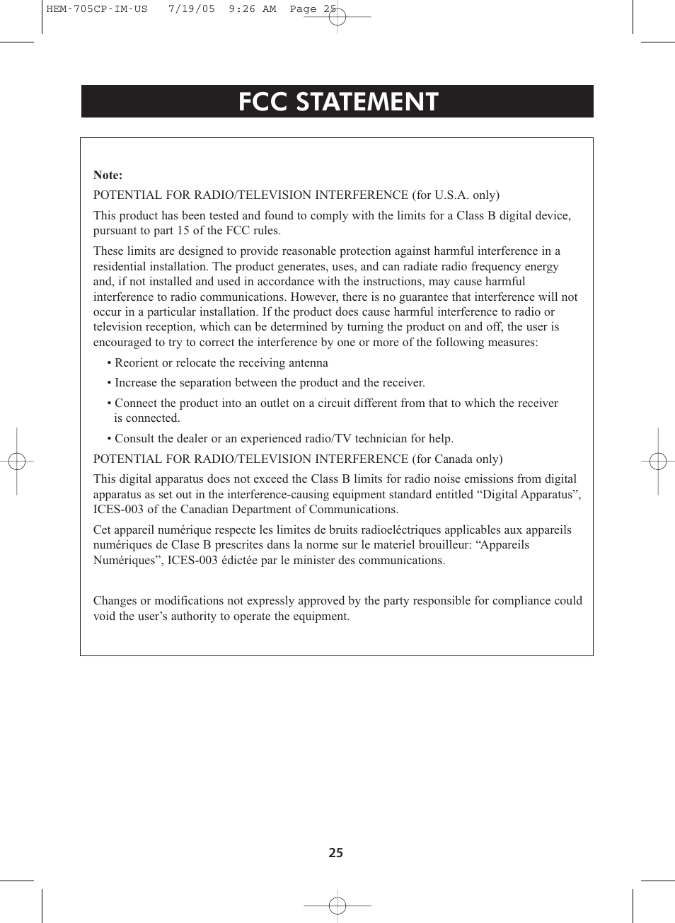 Title, Title fcc statement | Omron Healthcare INTELLISENSE HEM-705CP User Manual | Page 25 / 28