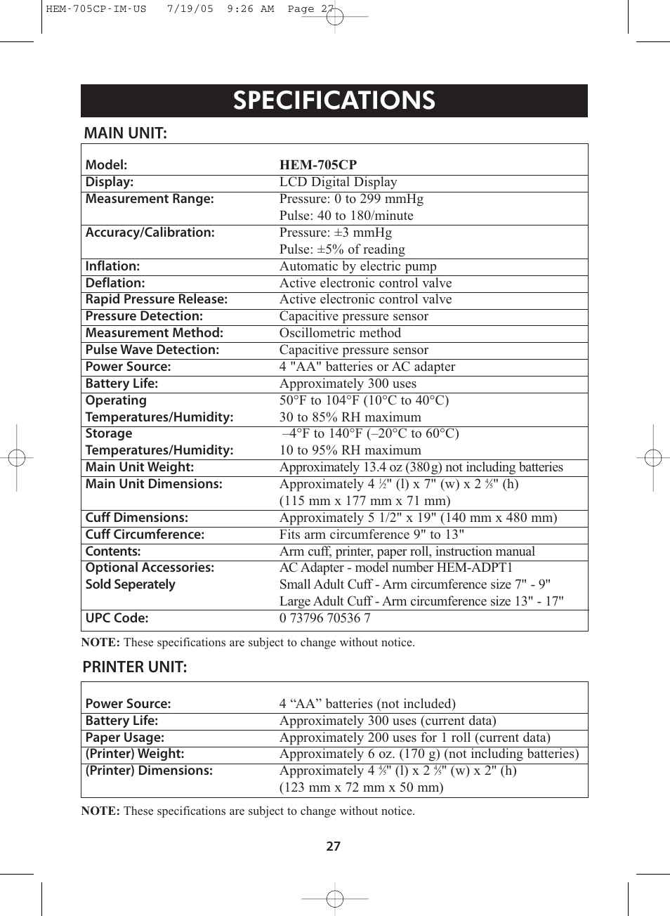 Title, Title specifications, Main unit | Printer unit | Omron Healthcare INTELLISENSE HEM-705CP User Manual | Page 27 / 28