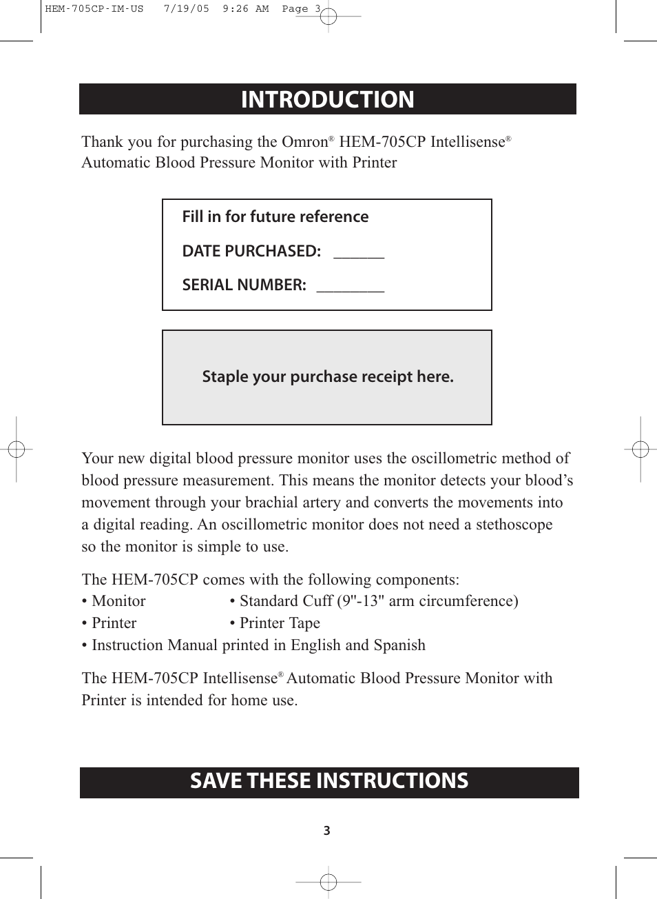 Introduction, Save these instructions | Omron Healthcare INTELLISENSE HEM-705CP User Manual | Page 3 / 28