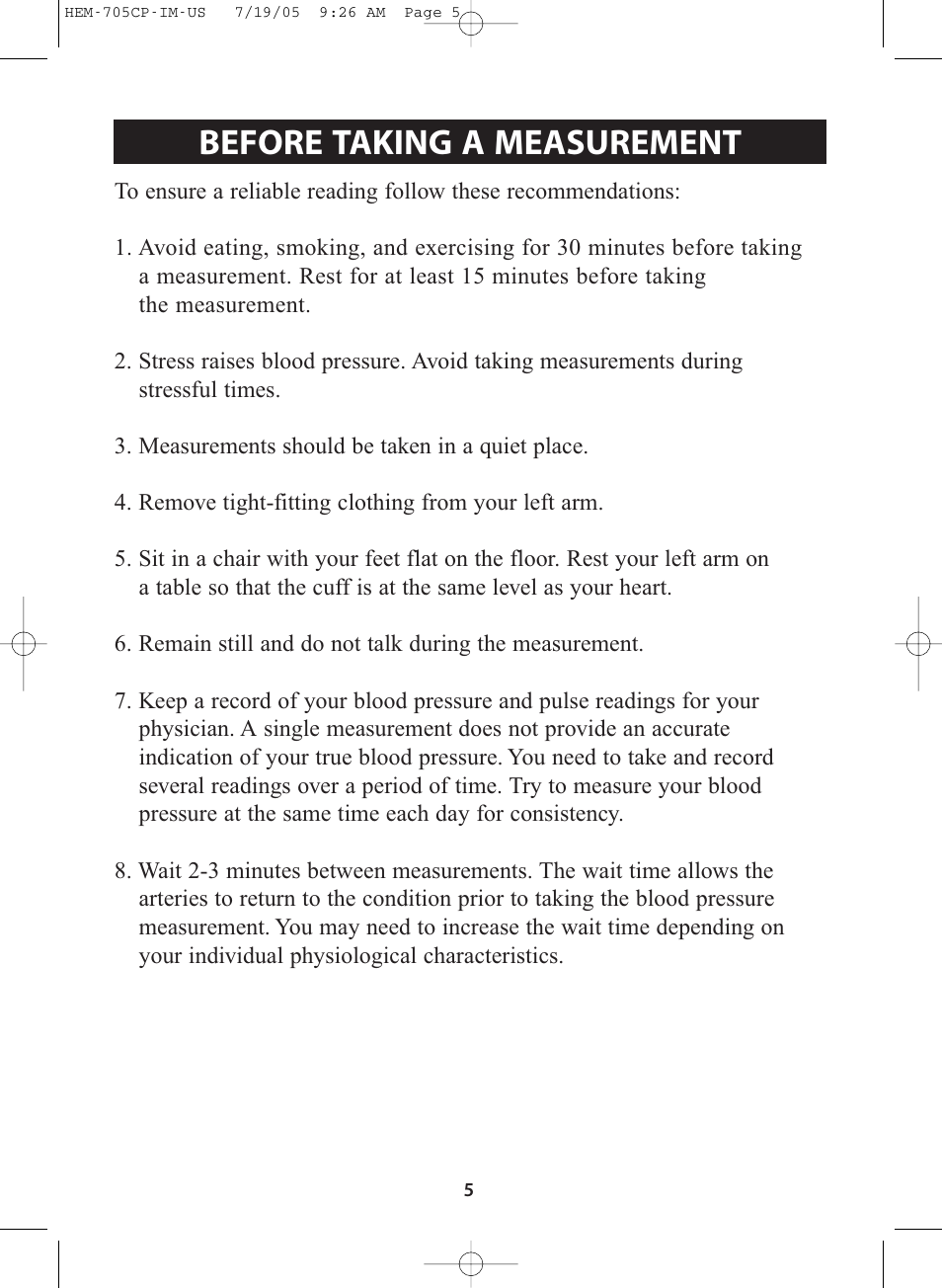 Before taking a measurement | Omron Healthcare INTELLISENSE HEM-705CP User Manual | Page 5 / 28