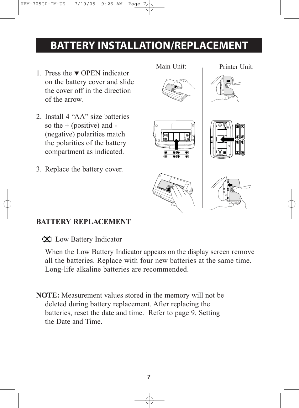 Title, Title battery installation/replacement | Omron Healthcare INTELLISENSE HEM-705CP User Manual | Page 7 / 28