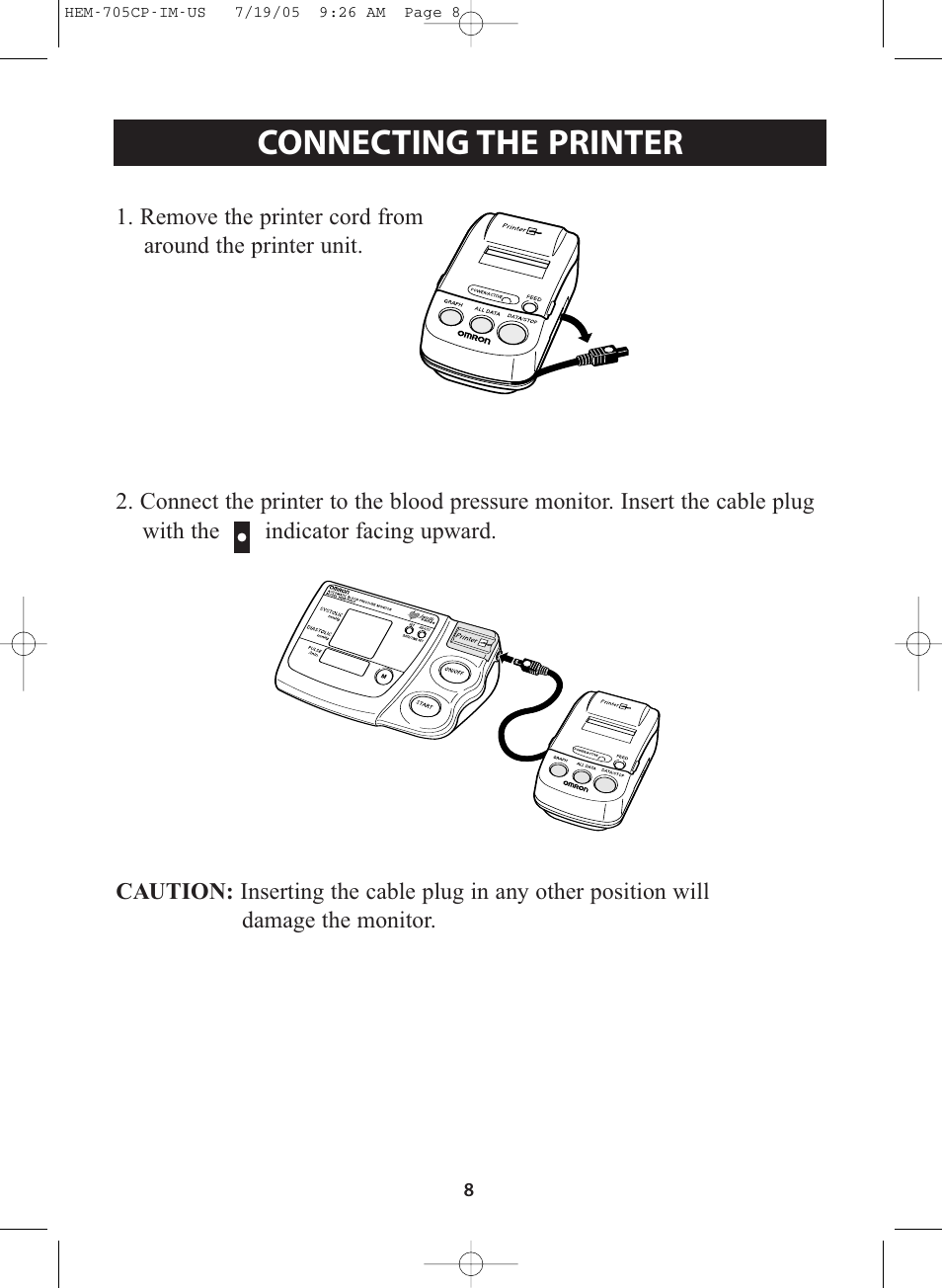 Title, Title connecting the printer | Omron Healthcare INTELLISENSE HEM-705CP User Manual | Page 8 / 28