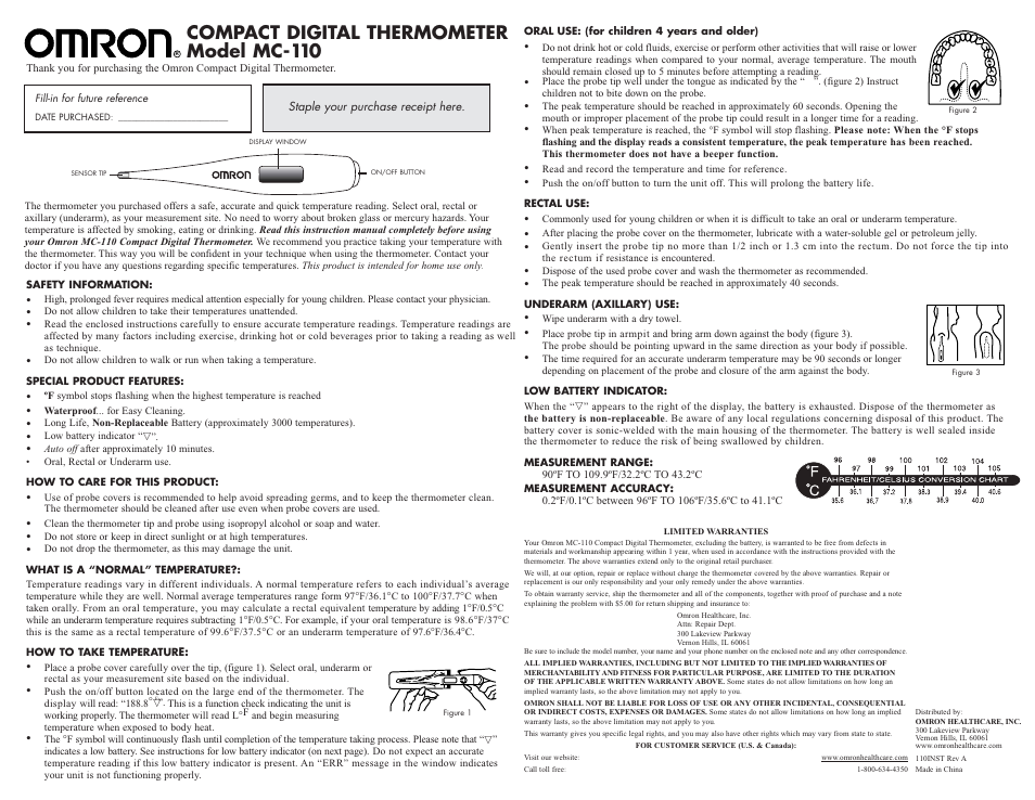 Omron Healthcare MC-110 User Manual | 2 pages