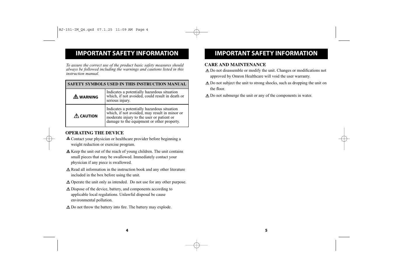 Important safety information | Omron Healthcare HJ-151 User Manual | Page 3 / 13