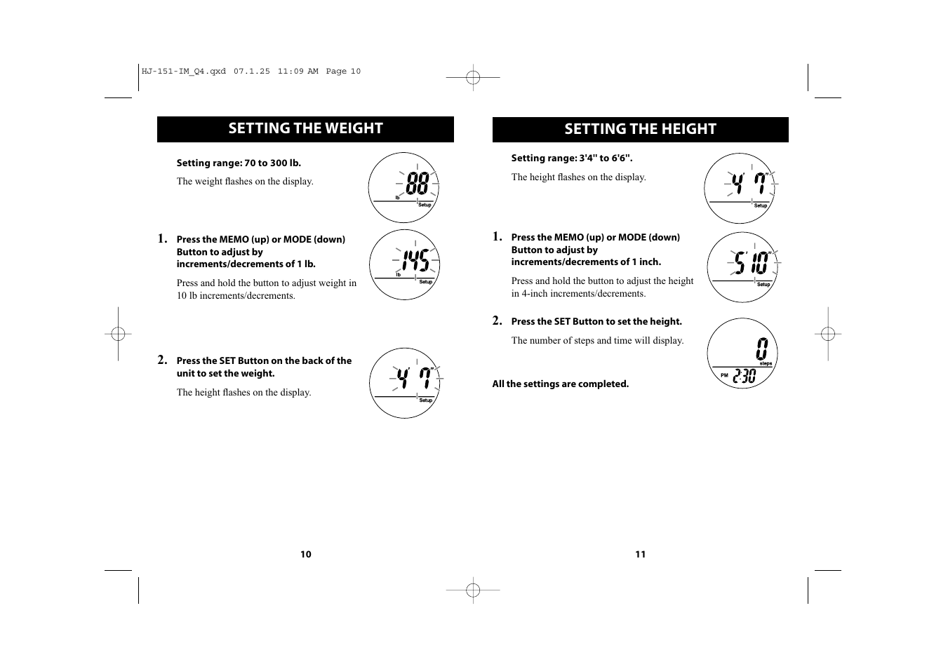 Setting the height, Setting the weight | Omron Healthcare HJ-151 User Manual | Page 6 / 13