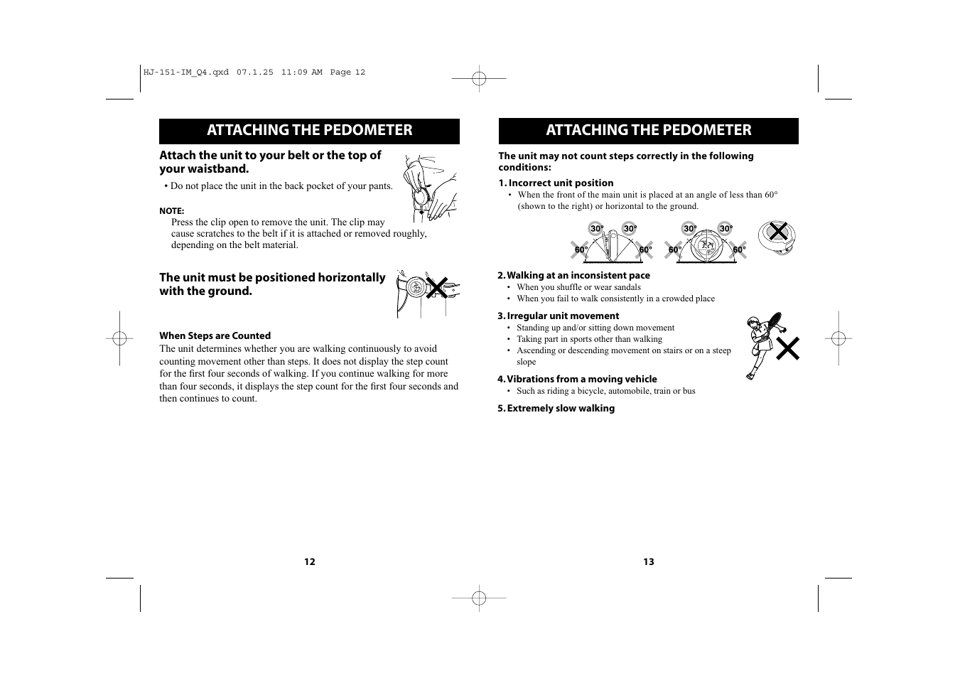 Attaching the pedometer | Omron Healthcare HJ-151 User Manual | Page 7 / 13