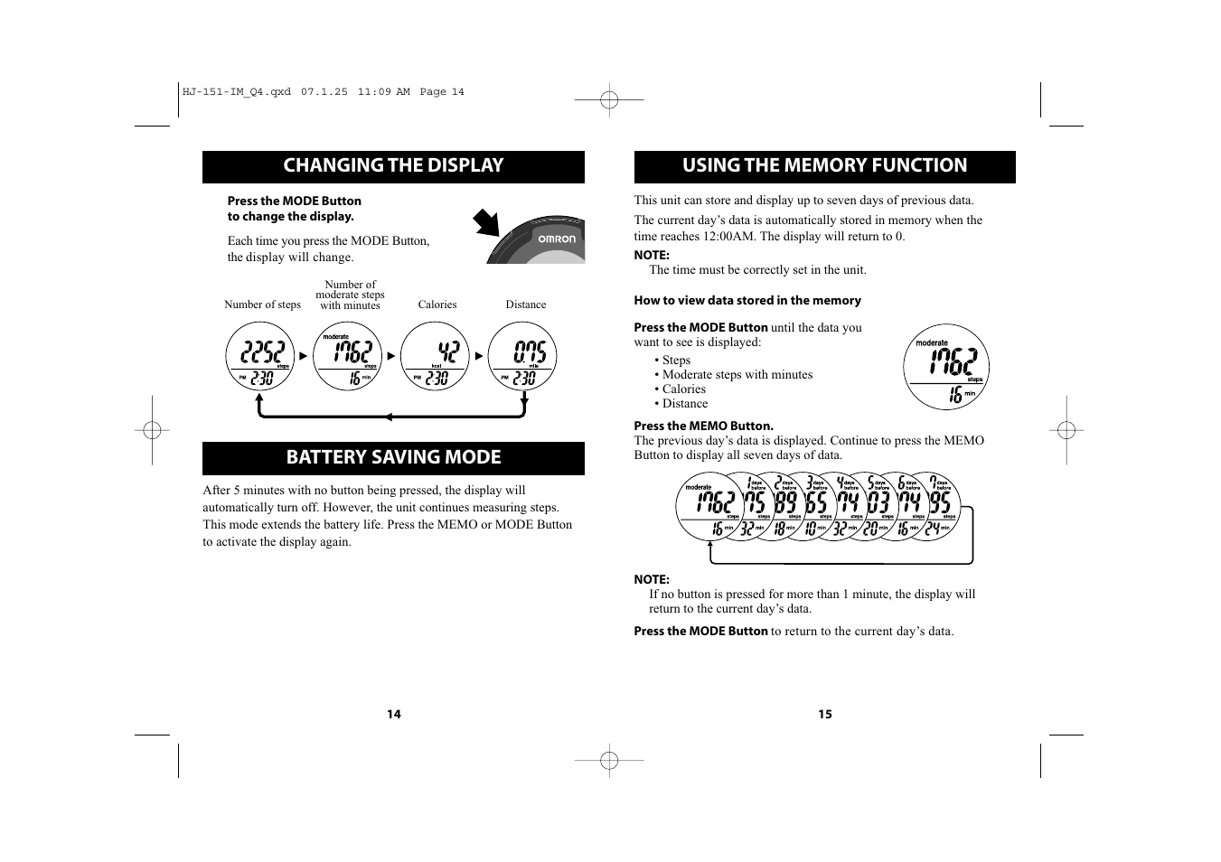 Battery saving mode, Changing the display | Omron Healthcare HJ-151 User Manual | Page 8 / 13