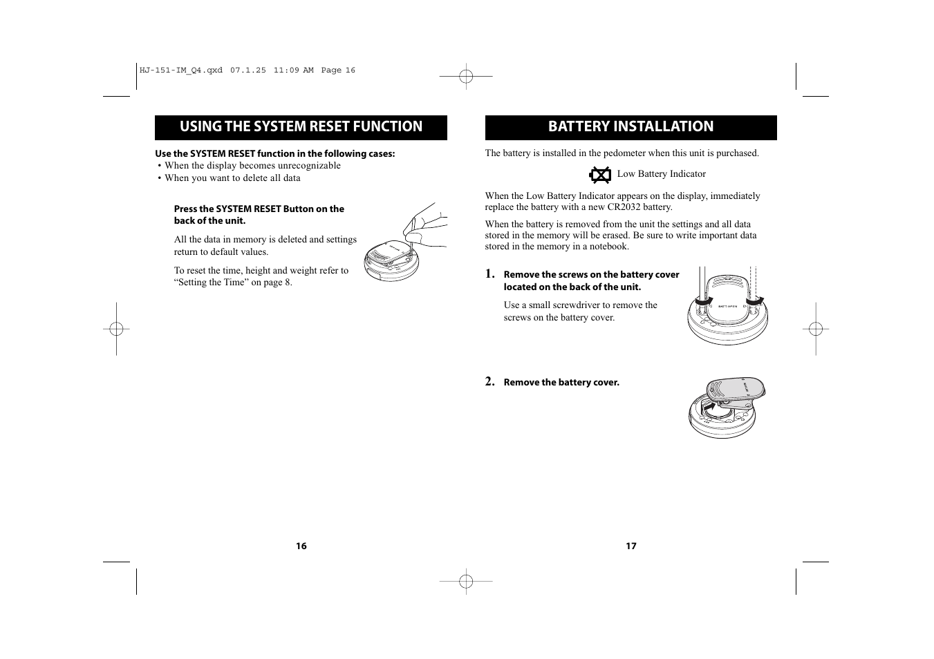 Battery installation, Using the system reset function | Omron Healthcare HJ-151 User Manual | Page 9 / 13