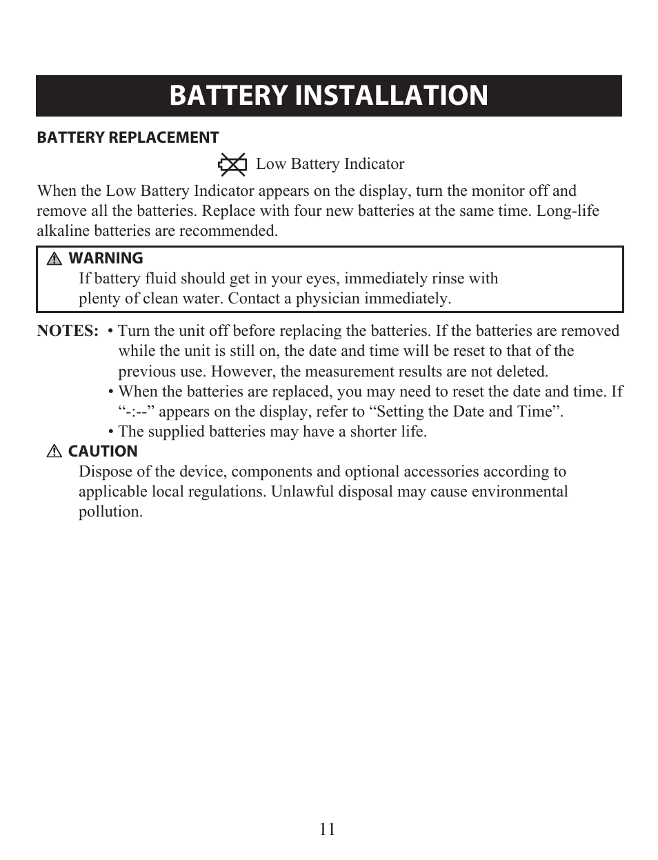 Battery installation | Omron Healthcare BP742 User Manual | Page 11 / 28