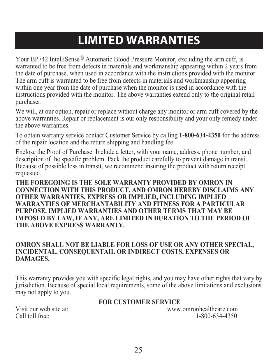 Limited warranty, Limited warranties | Omron Healthcare BP742 User Manual | Page 25 / 28