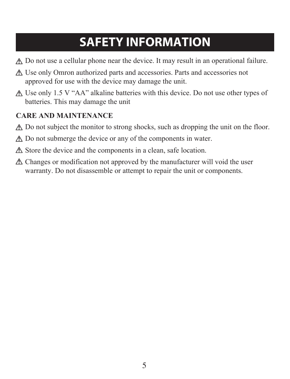 Care and maintenance, Safety information | Omron Healthcare BP742 User Manual | Page 5 / 28