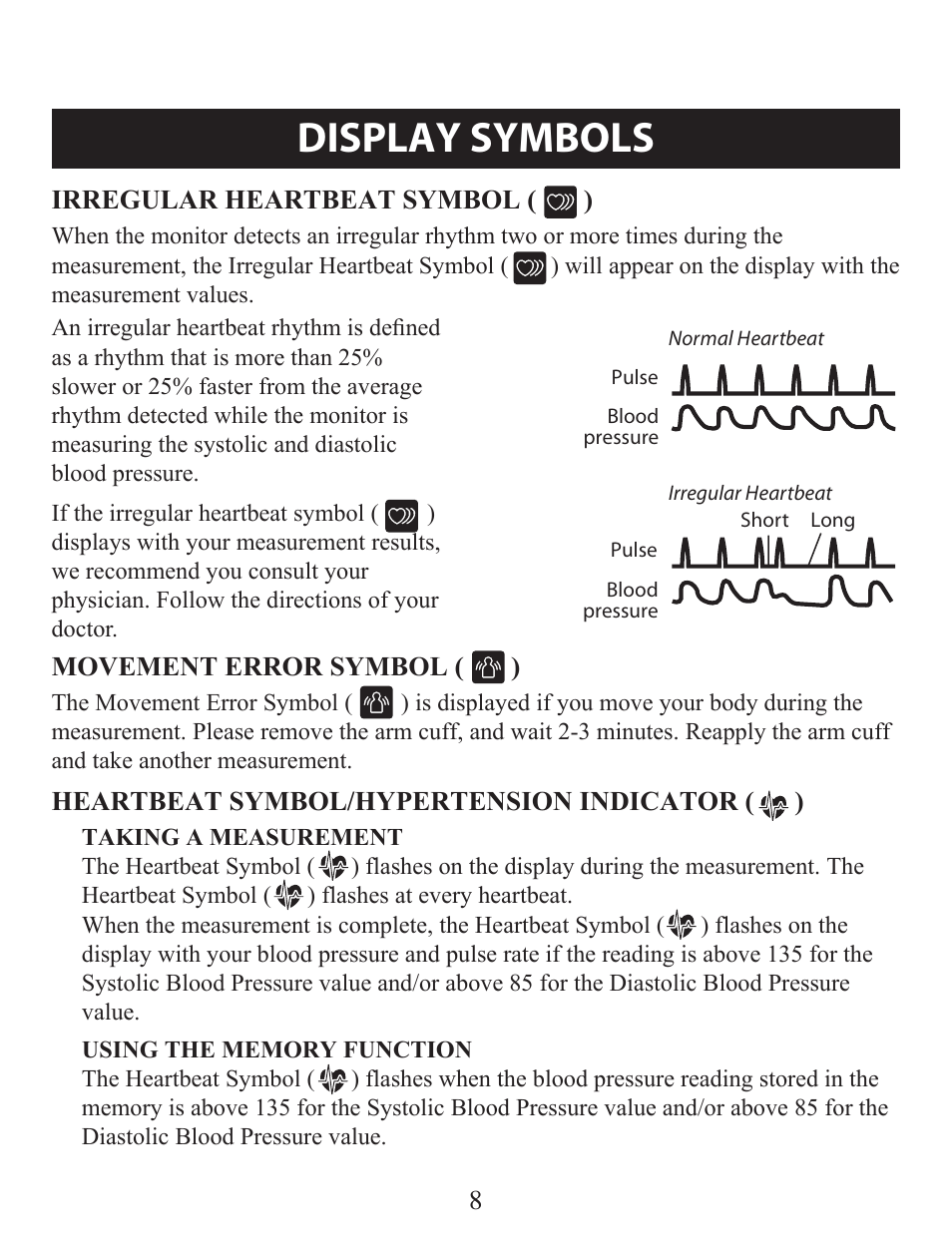 Display symbols, Irregular heartbeat symbol, Heartbeat symbol/hypertension indicator | Omron Healthcare BP742 User Manual | Page 8 / 28