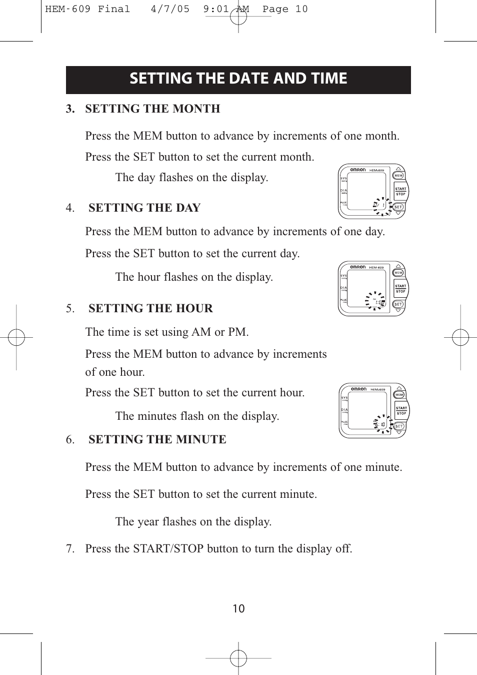 Setting the date and time | Omron Healthcare HEM-609 User Manual | Page 10 / 24