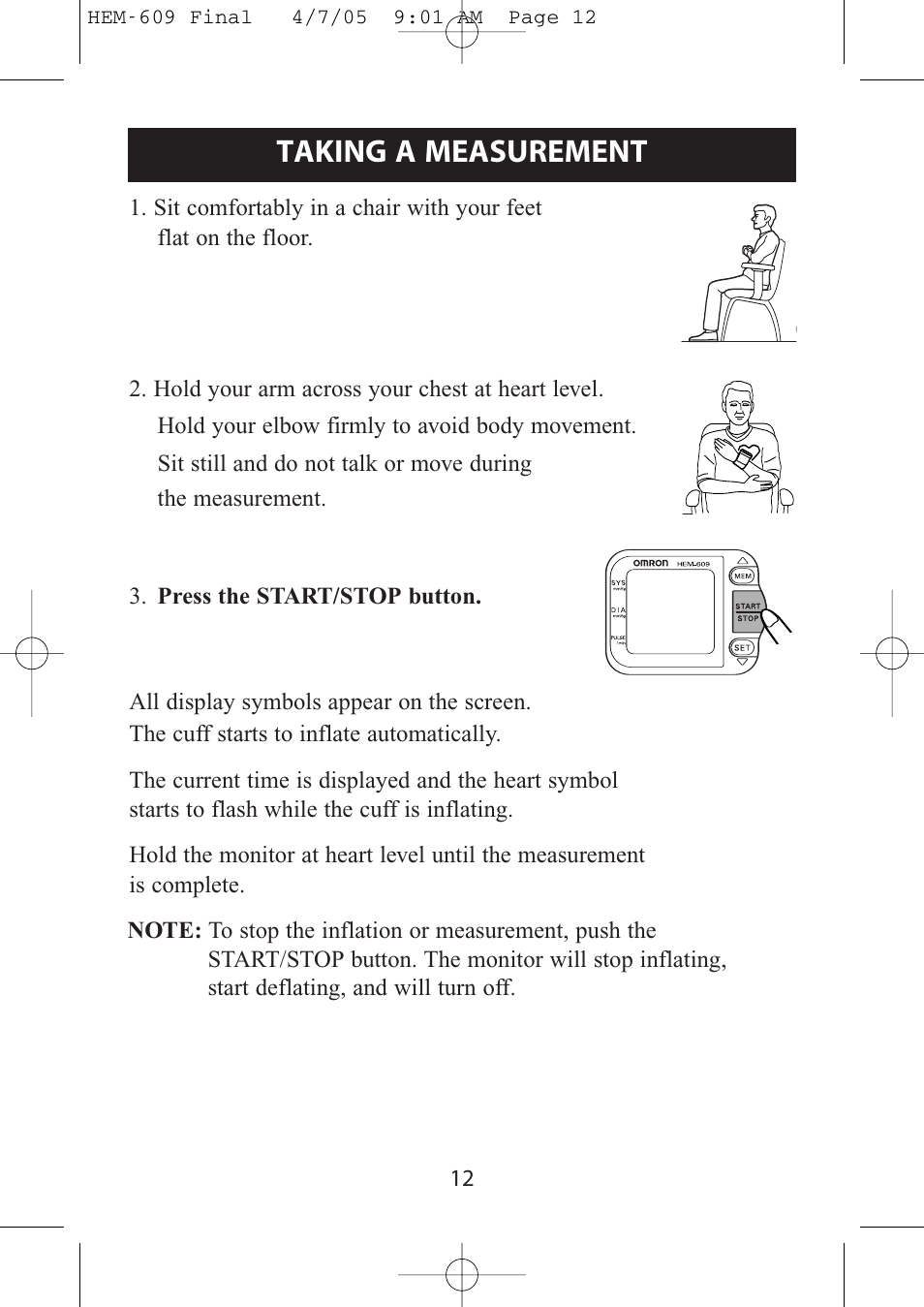 Taking a measurement | Omron Healthcare HEM-609 User Manual | Page 12 / 24