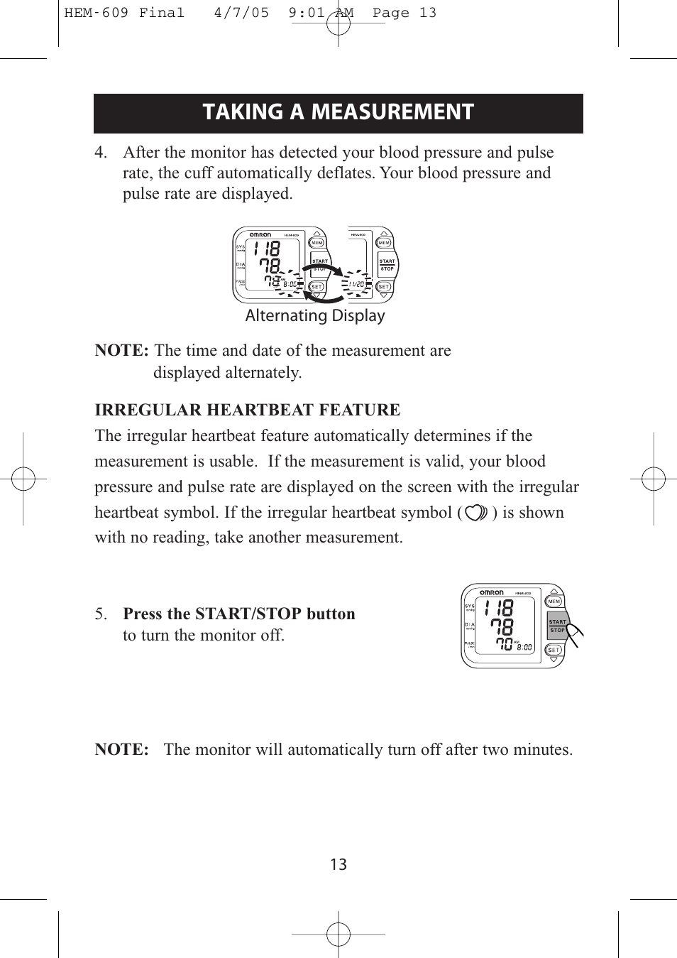 Taking a measurement | Omron Healthcare HEM-609 User Manual | Page 13 / 24