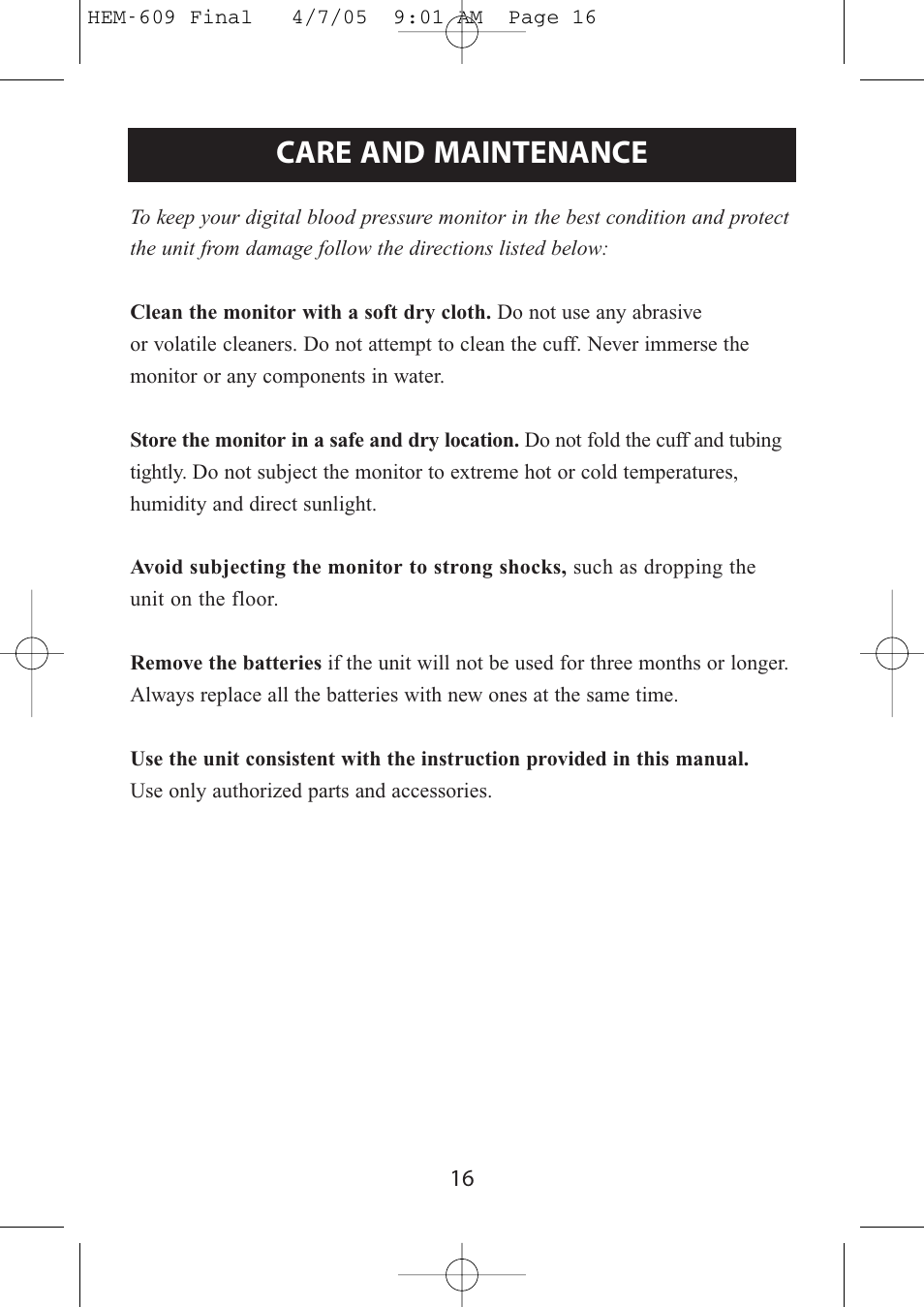 Care and maintenance | Omron Healthcare HEM-609 User Manual | Page 16 / 24