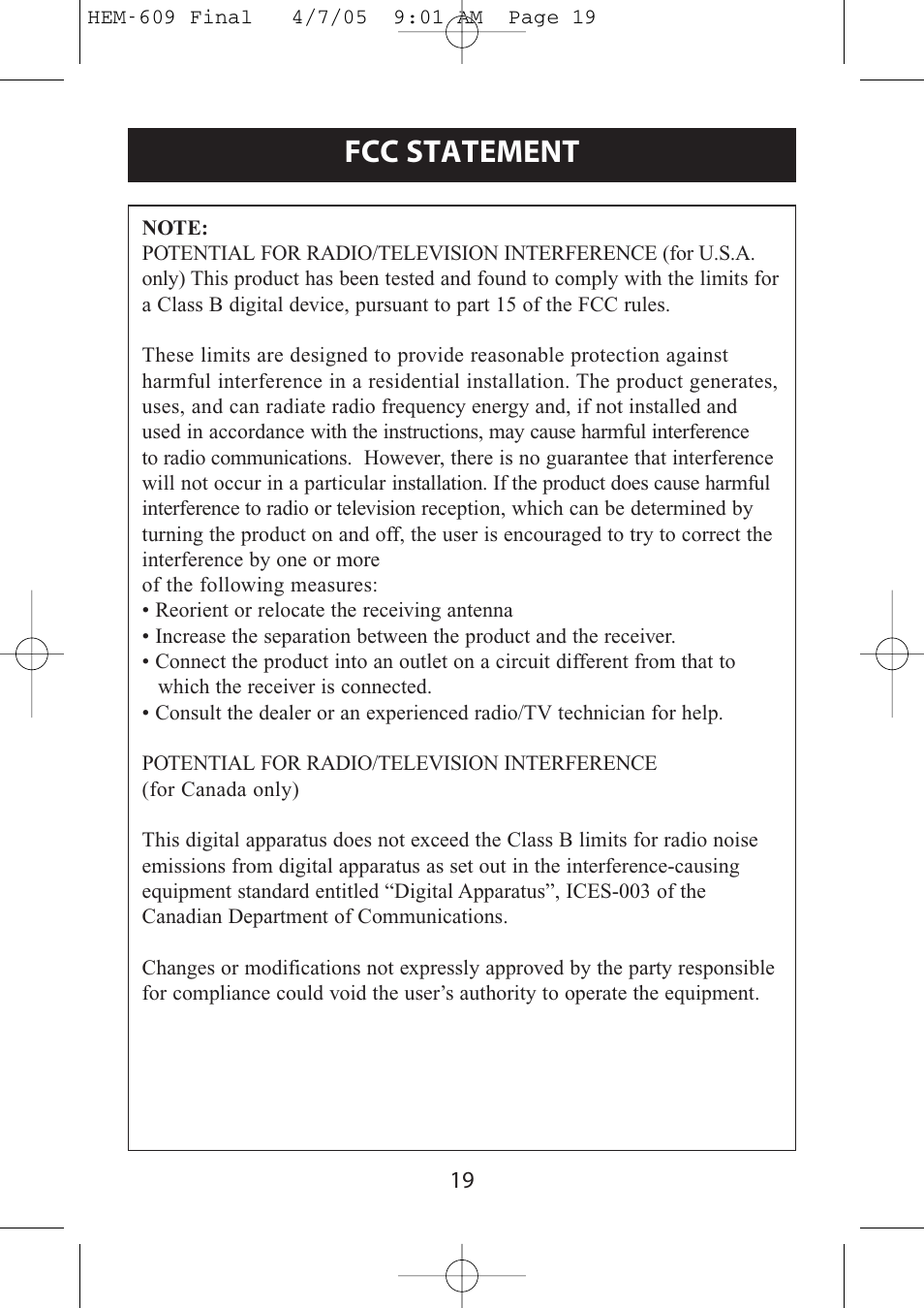 Fcc statement | Omron Healthcare HEM-609 User Manual | Page 19 / 24