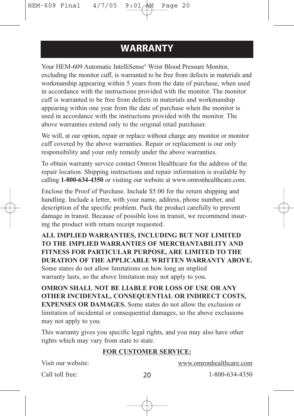 Warranty | Omron Healthcare HEM-609 User Manual | Page 20 / 24