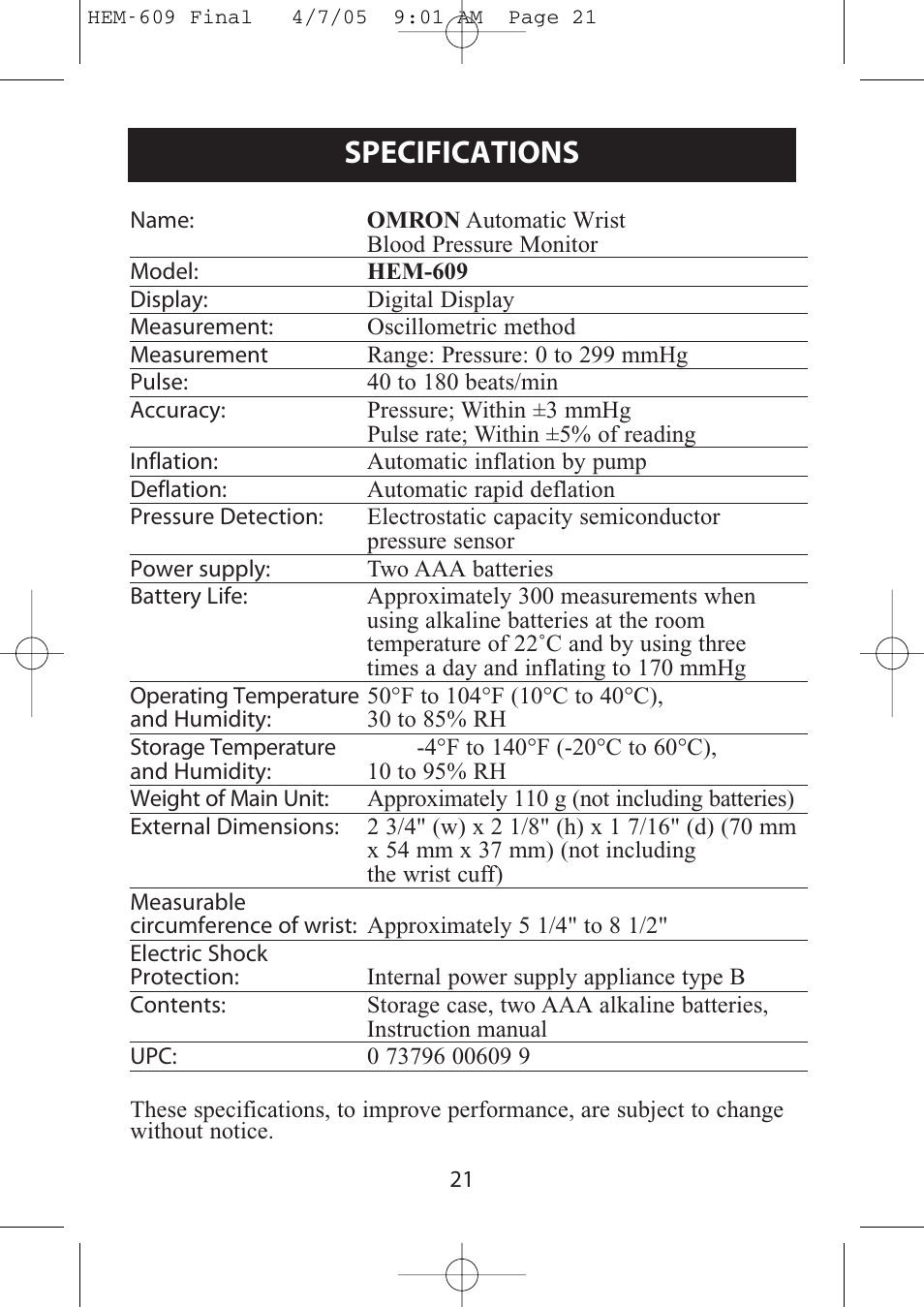 Specifications | Omron Healthcare HEM-609 User Manual | Page 21 / 24