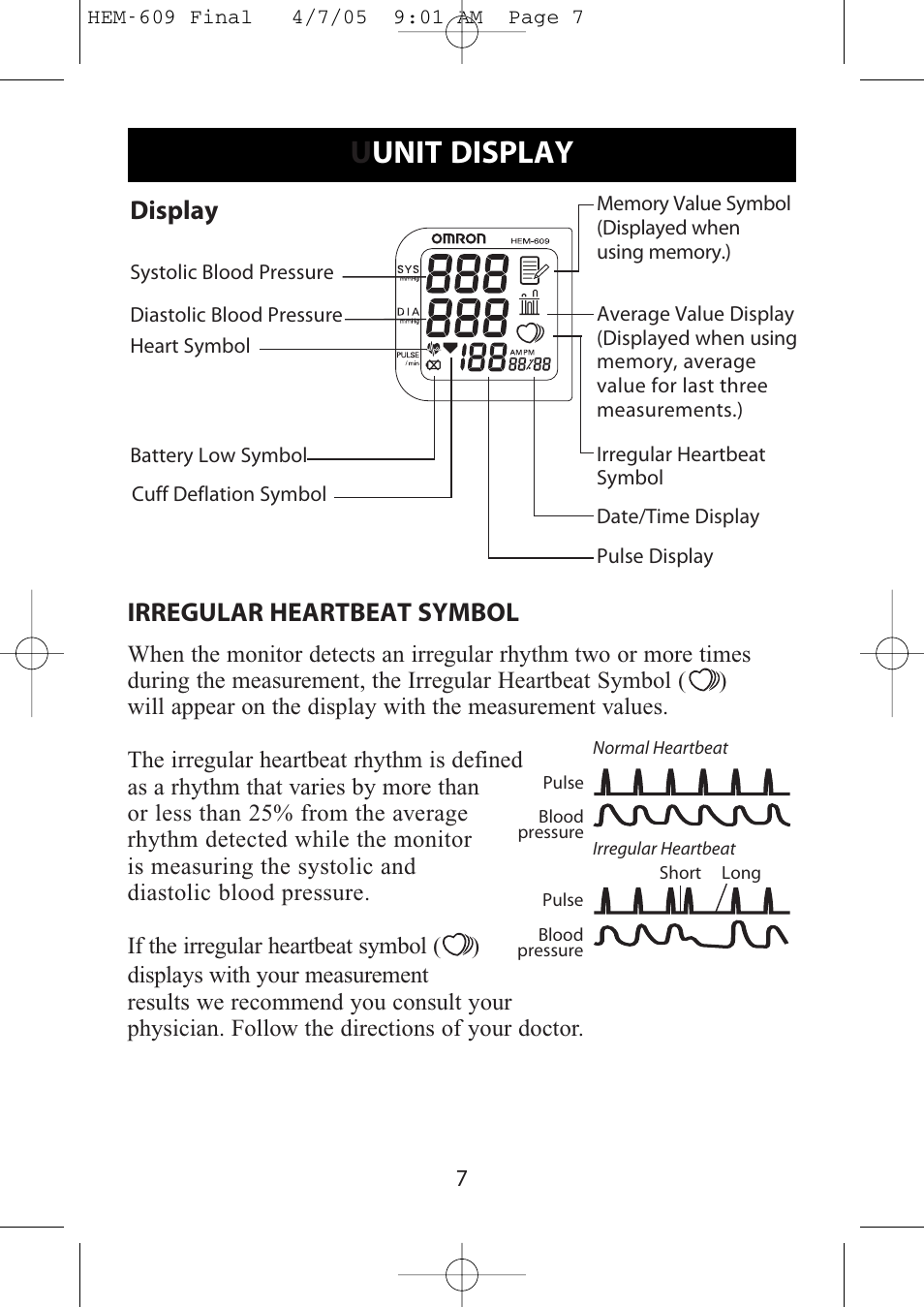 Uunit display, Display, Irregular heartbeat symbol | Omron Healthcare HEM-609 User Manual | Page 7 / 24