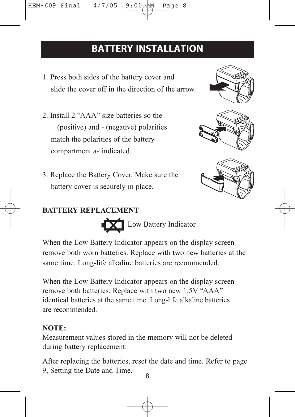 Battery installation, Initial, Low battery indicator | Omron Healthcare HEM-609 User Manual | Page 8 / 24
