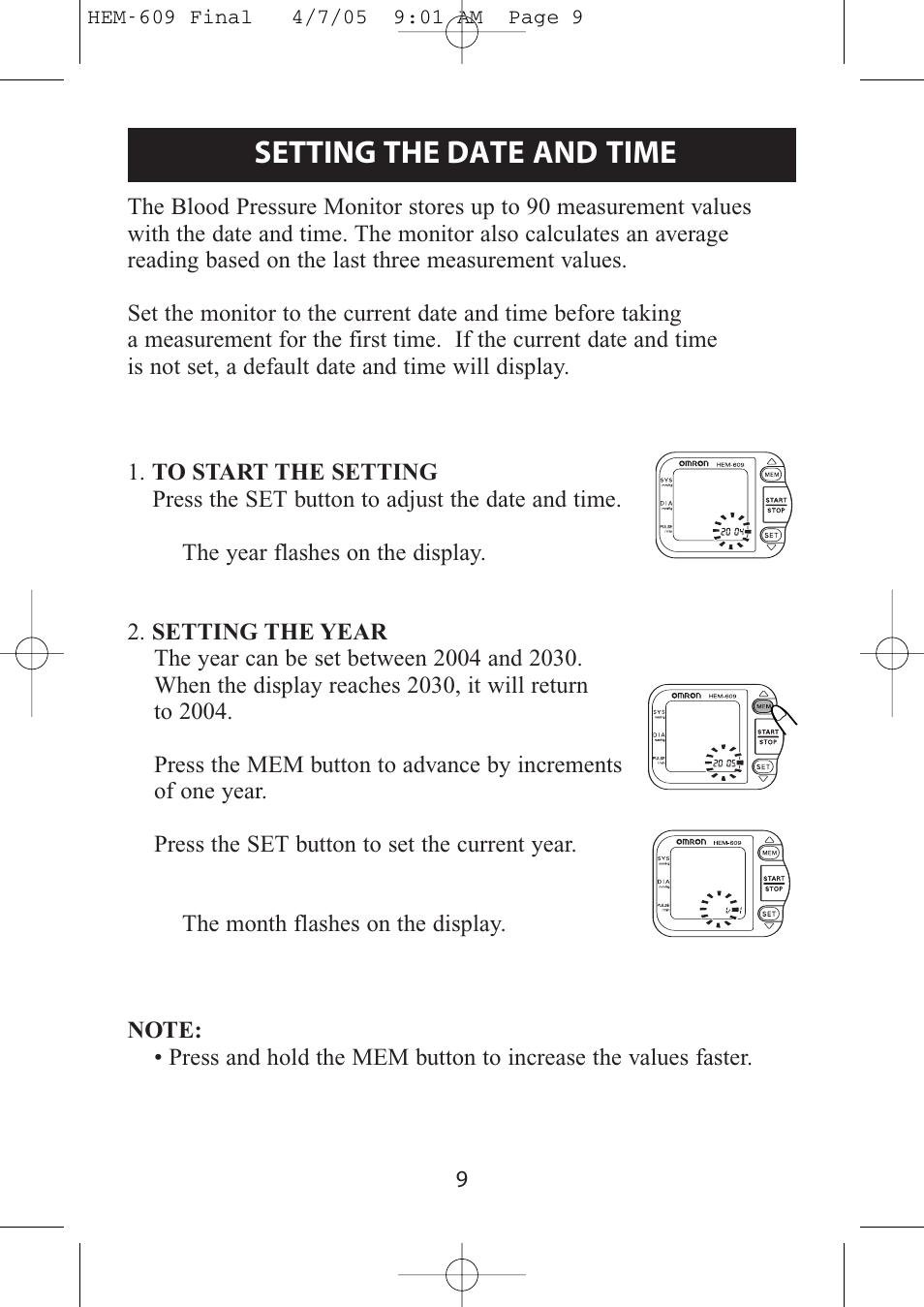 Setting the date and time | Omron Healthcare HEM-609 User Manual | Page 9 / 24