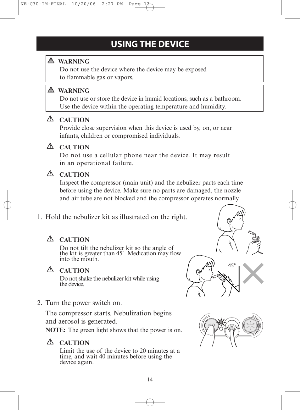 Using the device | Omron Healthcare COMPAIR ELITE NE-C30 User Manual | Page 14 / 28