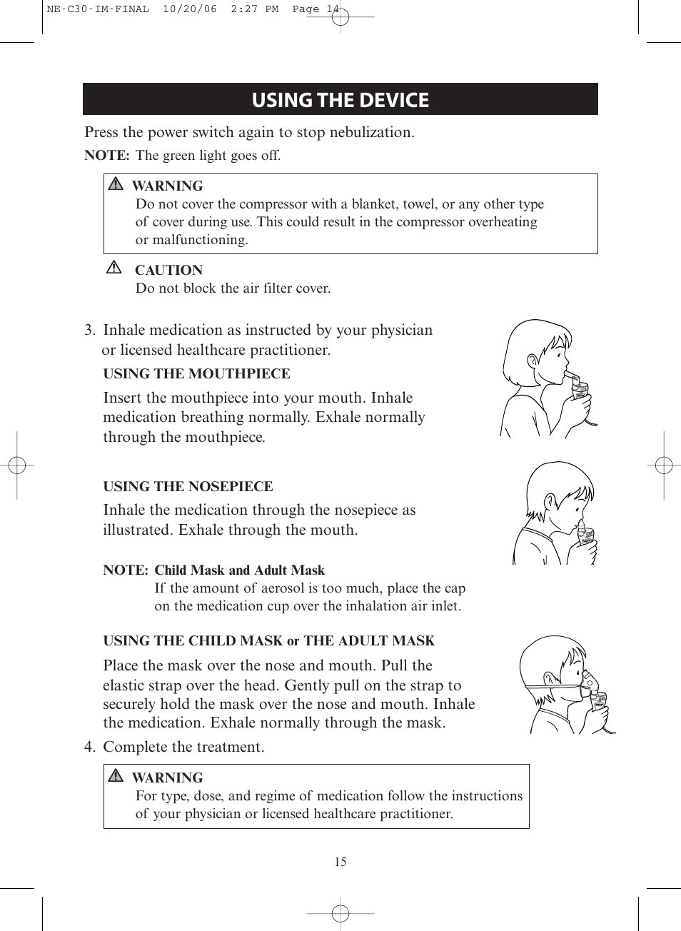 Using the device | Omron Healthcare COMPAIR ELITE NE-C30 User Manual | Page 15 / 28