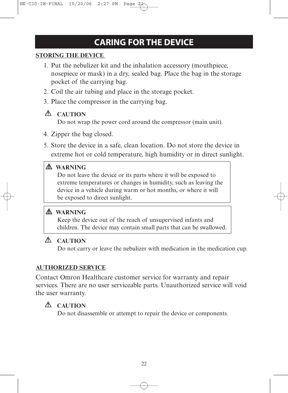 Caring for the device | Omron Healthcare COMPAIR ELITE NE-C30 User Manual | Page 22 / 28