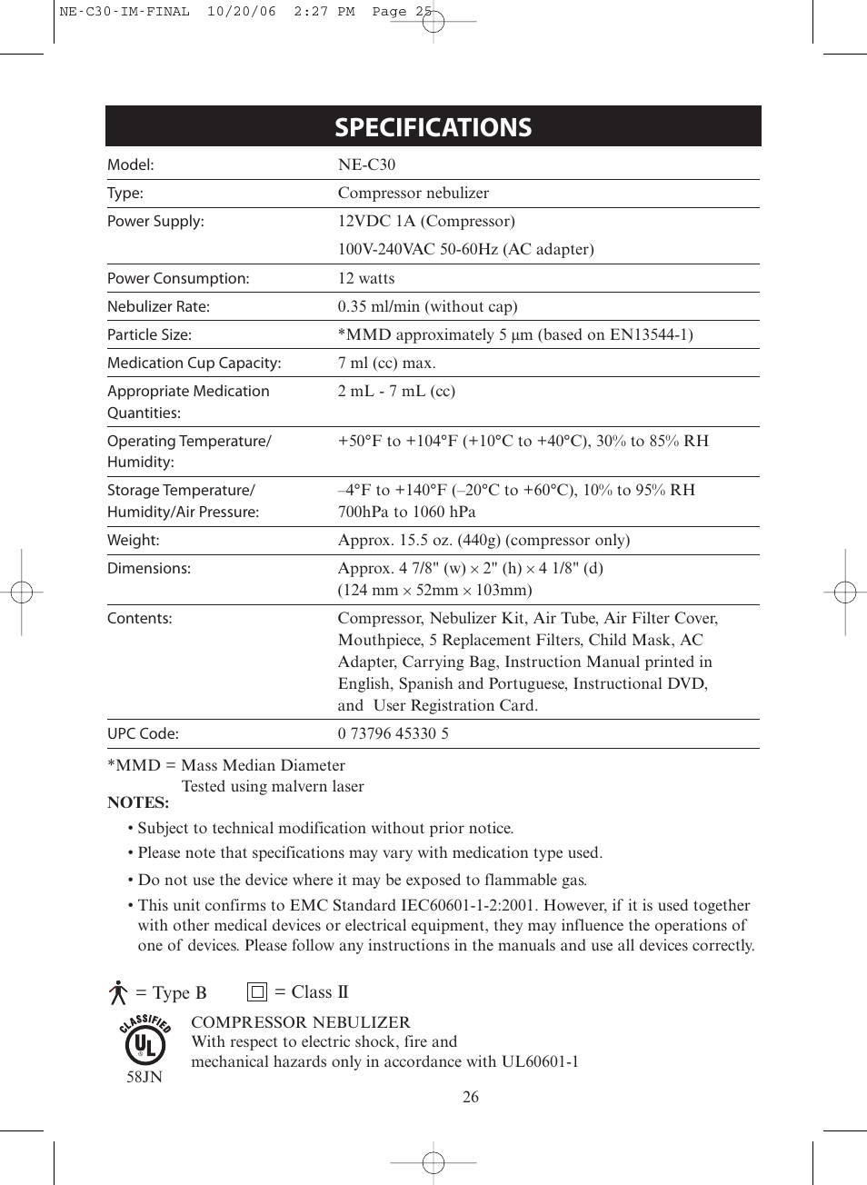 Specifications | Omron Healthcare COMPAIR ELITE NE-C30 User Manual | Page 26 / 28