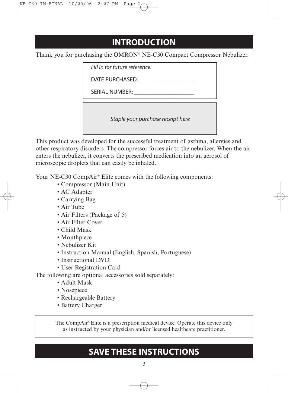 Introducti, Introduction, Save these instructions | Omron Healthcare COMPAIR ELITE NE-C30 User Manual | Page 3 / 28