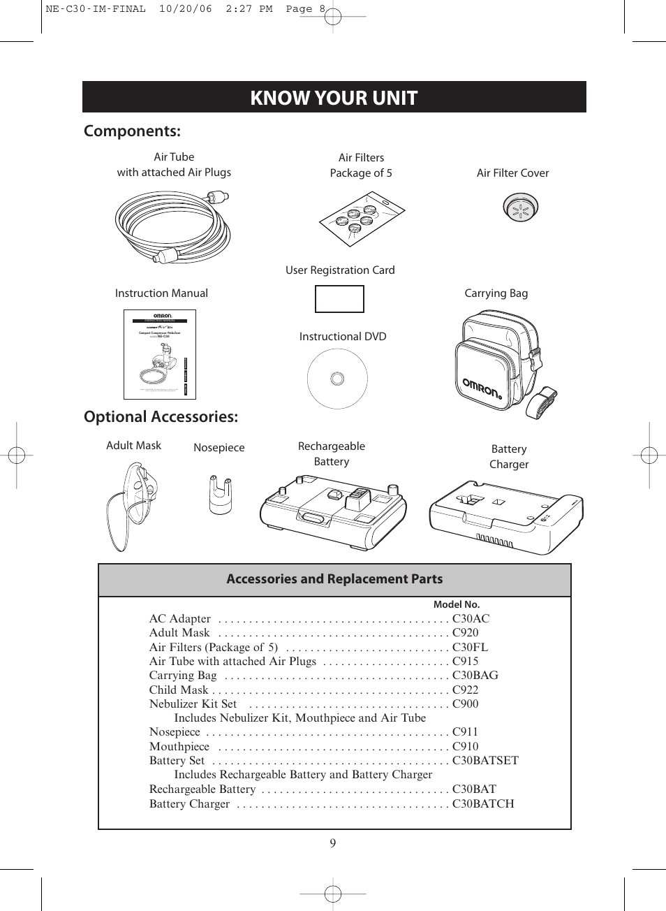 Know your unit, Components: optional accessories, Accessories and replacement parts | Omron Healthcare COMPAIR ELITE NE-C30 User Manual | Page 9 / 28