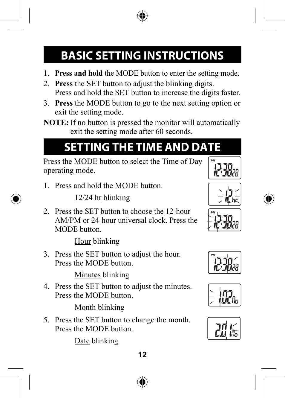 Basic setting instructions, Setting the time and date | Omron Healthcare HR-100C User Manual | Page 12 / 24