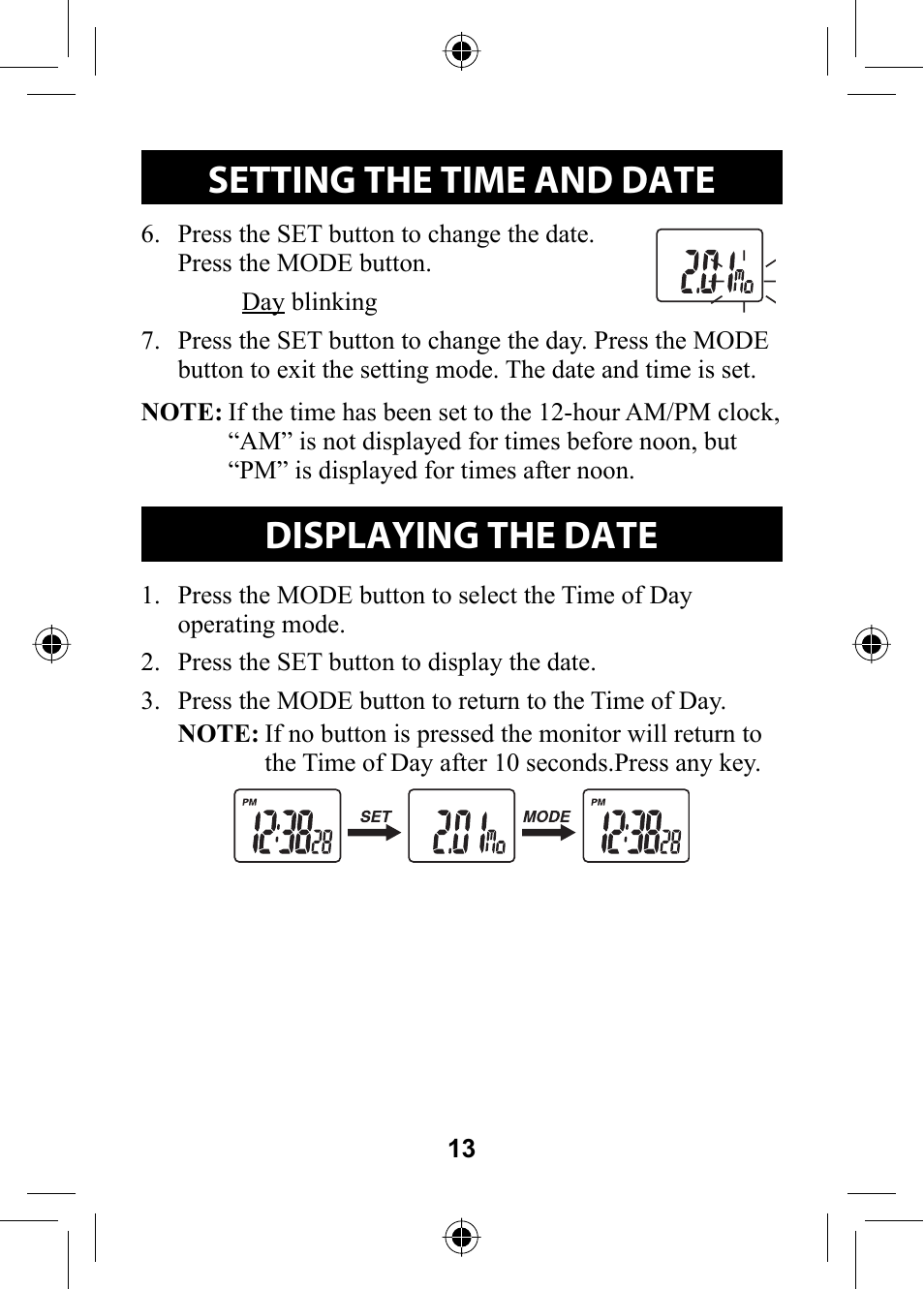 Displaying the date, Setting the time and date | Omron Healthcare HR-100C User Manual | Page 13 / 24
