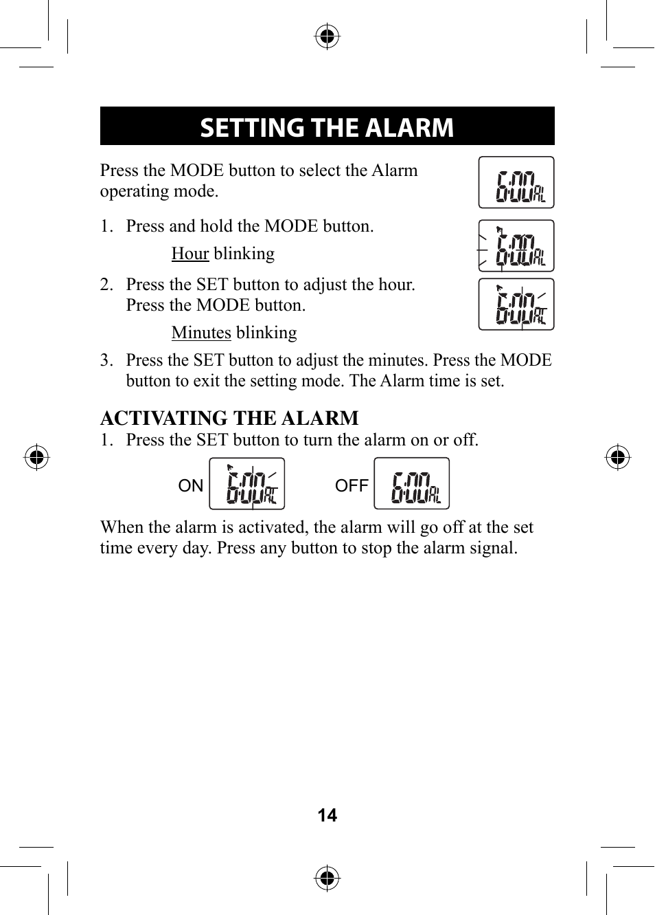 Setting the alarm | Omron Healthcare HR-100C User Manual | Page 14 / 24