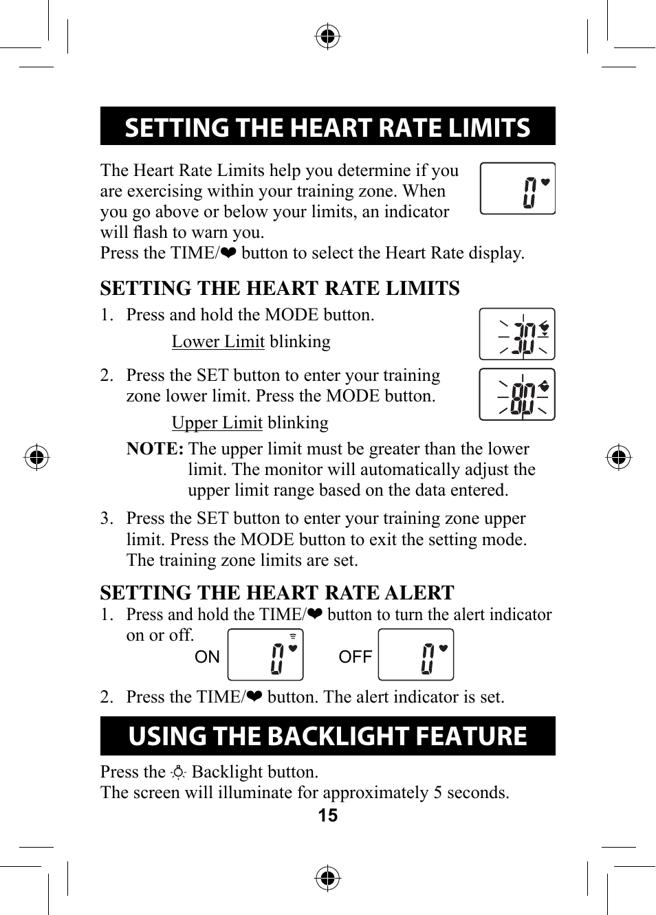 Setting the heart rate limits, Using the backlight feature | Omron Healthcare HR-100C User Manual | Page 15 / 24