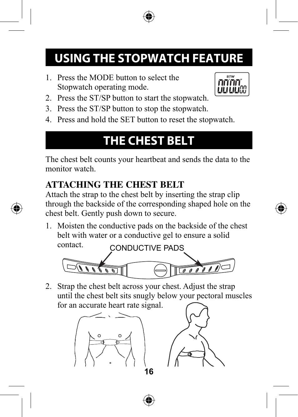 Using the stopwatch feature, The chest belt | Omron Healthcare HR-100C User Manual | Page 16 / 24