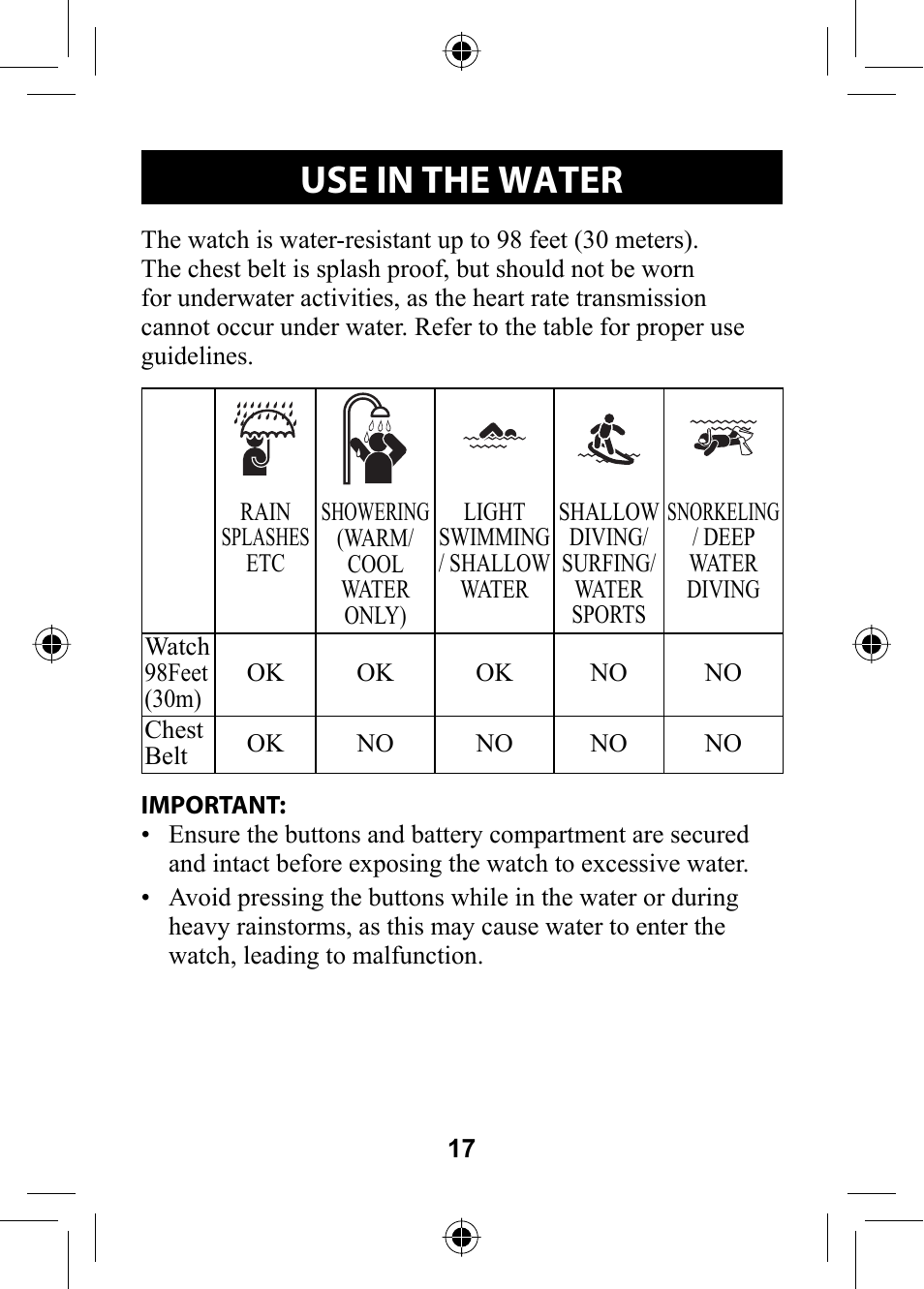 Use in the water | Omron Healthcare HR-100C User Manual | Page 17 / 24