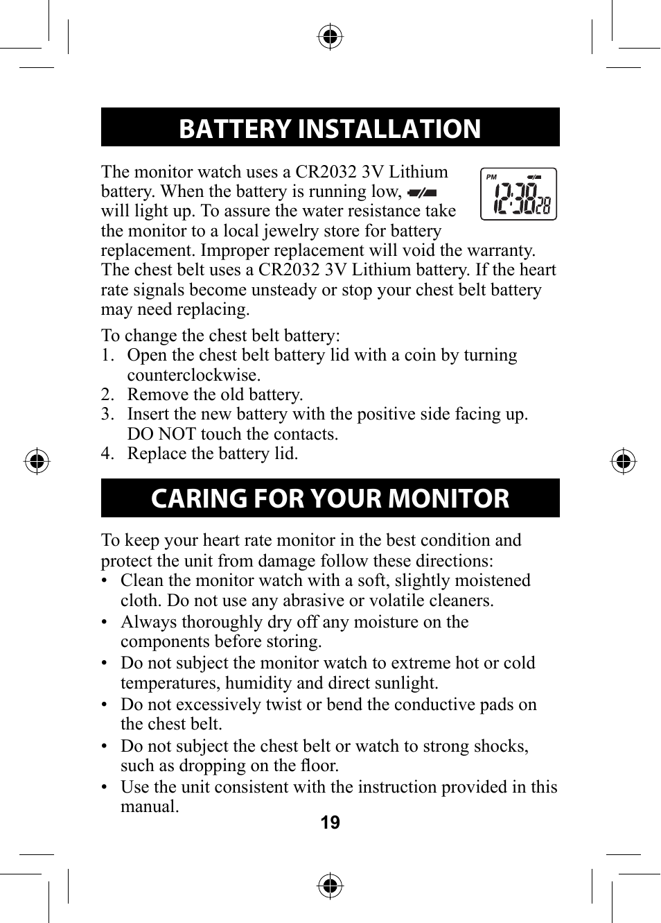 Care and maintenance, Battery installation, Caring for your monitor | Omron Healthcare HR-100C User Manual | Page 19 / 24