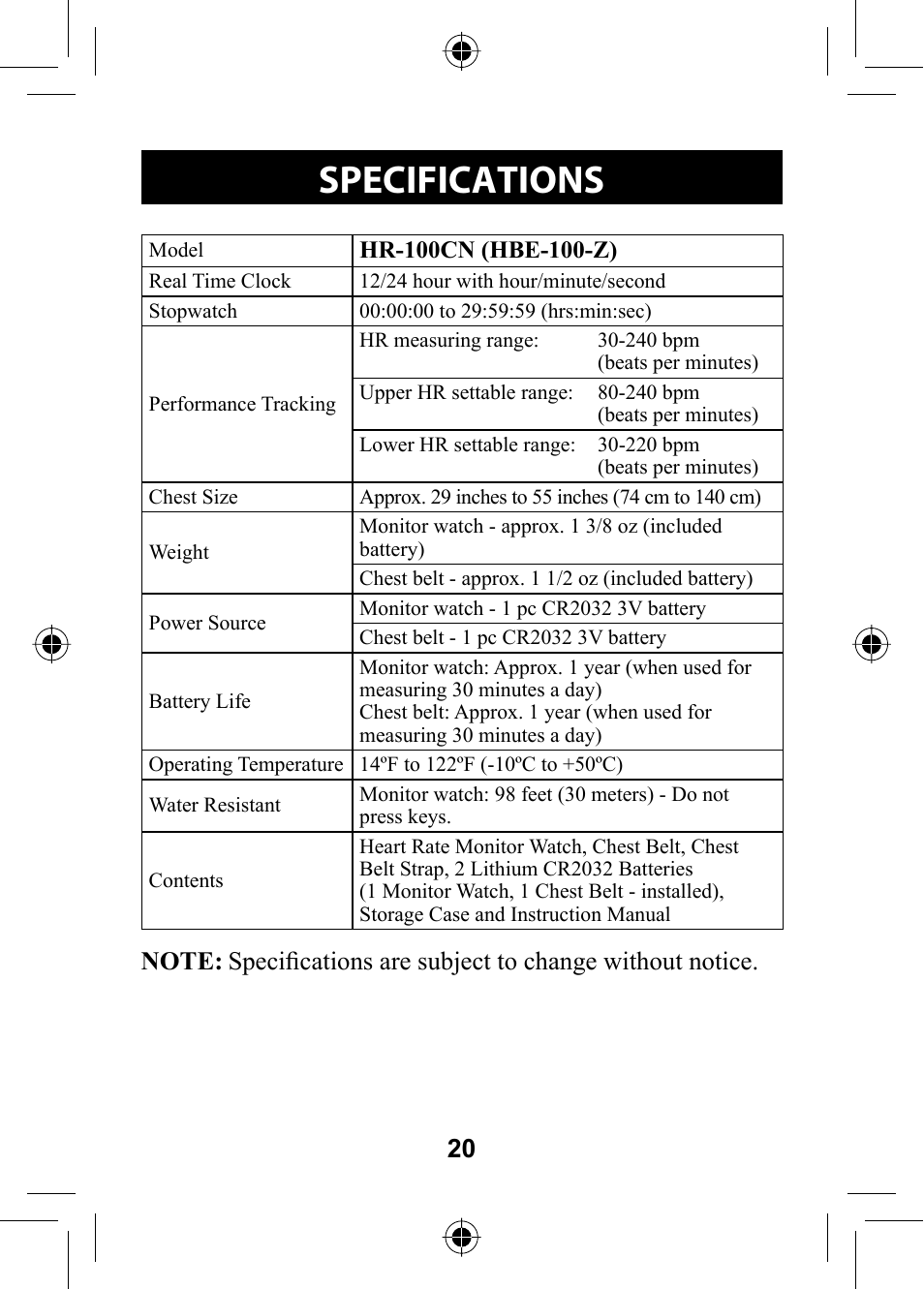 Specifications, Specifi cations | Omron Healthcare HR-100C User Manual | Page 20 / 24