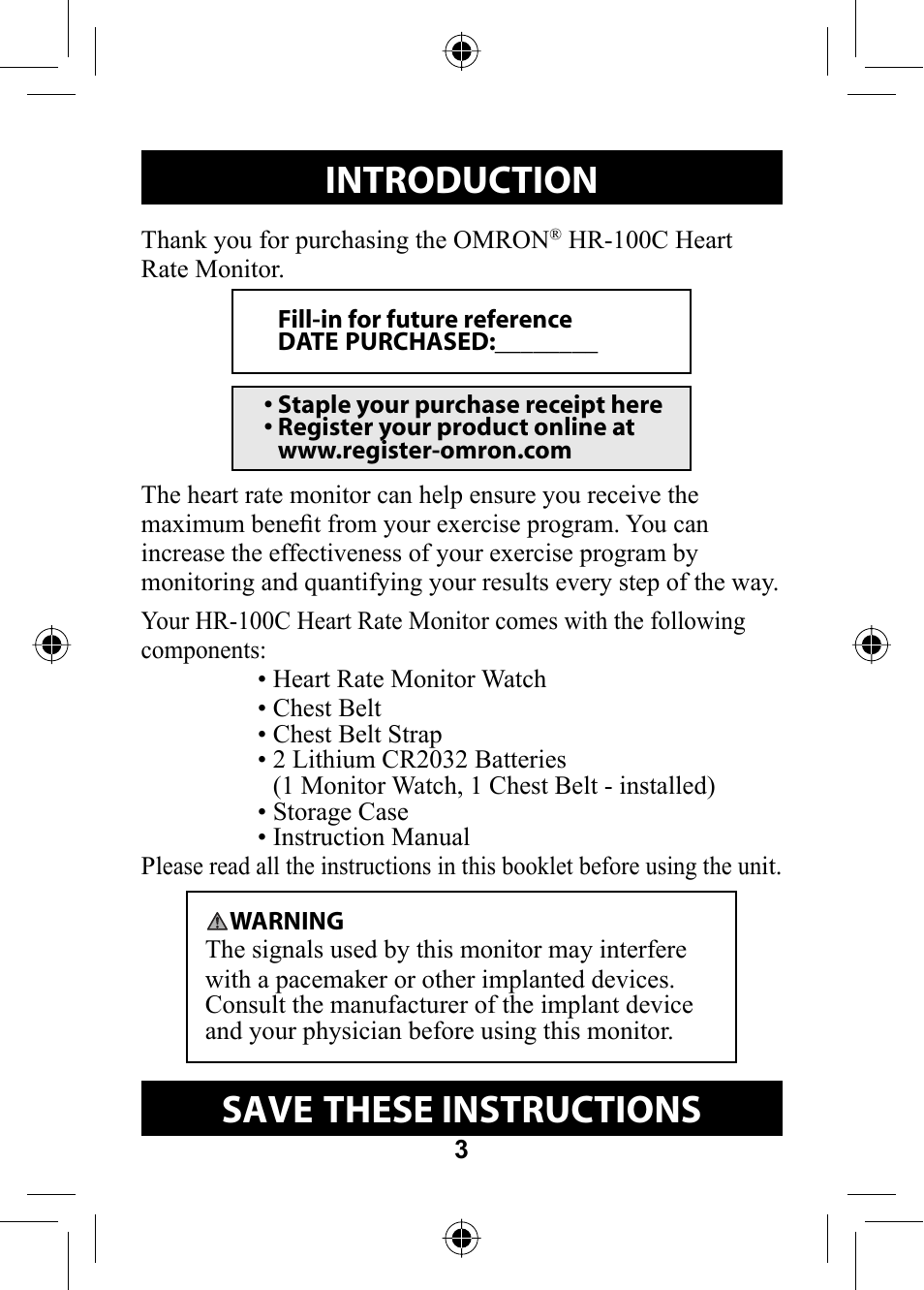 Before using the unit, Introduction, Save these instructions | Omron Healthcare HR-100C User Manual | Page 3 / 24