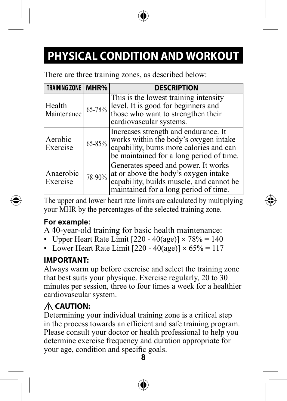 Physical condition and workout | Omron Healthcare HR-100C User Manual | Page 8 / 24