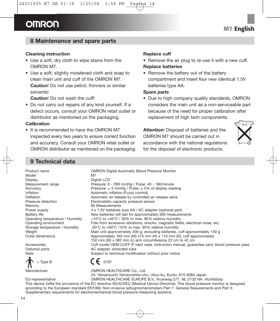 M7 english, 9 technical data, 8 maintenance and spare parts | Omron Healthcare M7 User Manual | Page 15 / 17