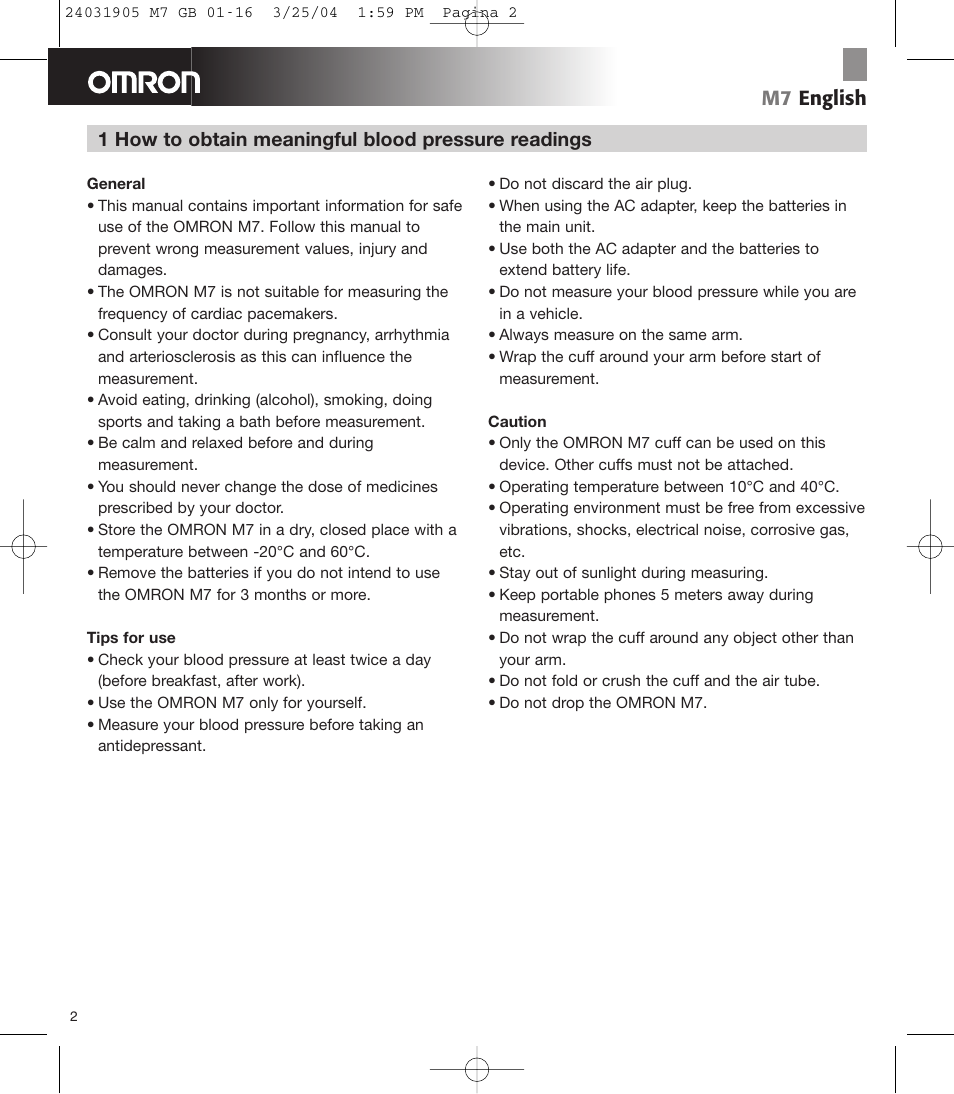 M7 english, 1 how to obtain meaningful blood pressure readings | Omron Healthcare M7 User Manual | Page 3 / 17