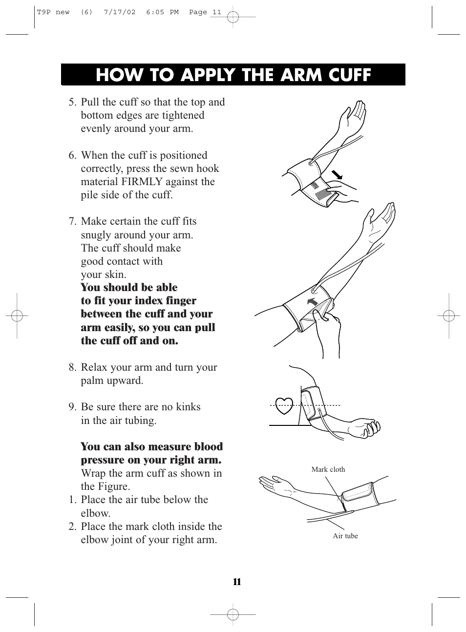 Title, Title how to apply the arm cuff | Omron Healthcare T9P User Manual | Page 11 / 28