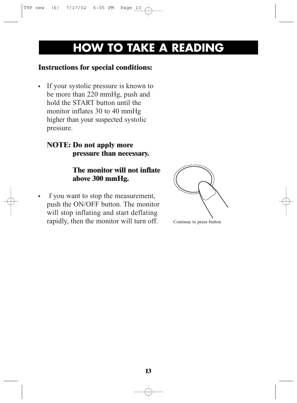 Title, Title how to take a reading, Start | Omron Healthcare T9P User Manual | Page 13 / 28